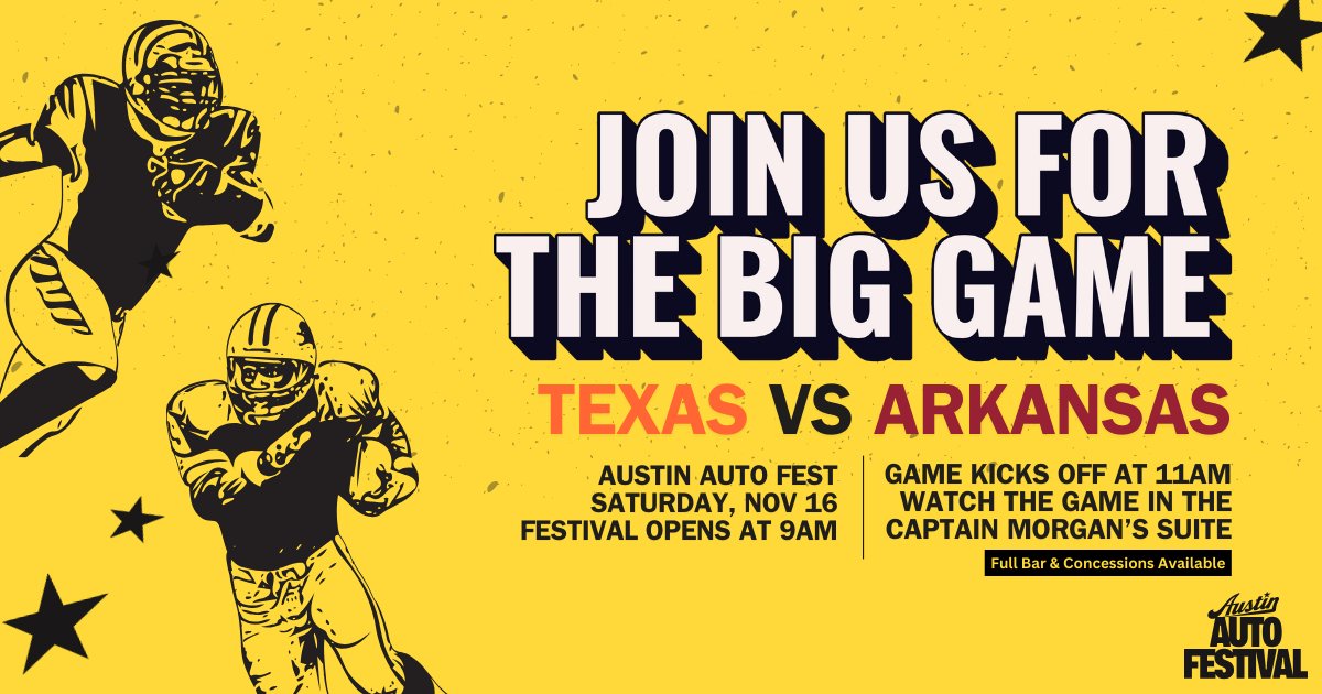 AustinAutoFest's tweet image. 🏈 Don't miss a second of Texas vs Arkansas! Watch the game at the #AustinAutoFest in the Captain Morgan's Suite.

🚗 Experience amazing cars
🍻 Full bar &amp;amp; concessions
⏰ Festival opens 9AM Nov 16
🏈 Game kicks off at 11AM

Get your tickets: austinautofest.com/tickets

#ATX #HookEm