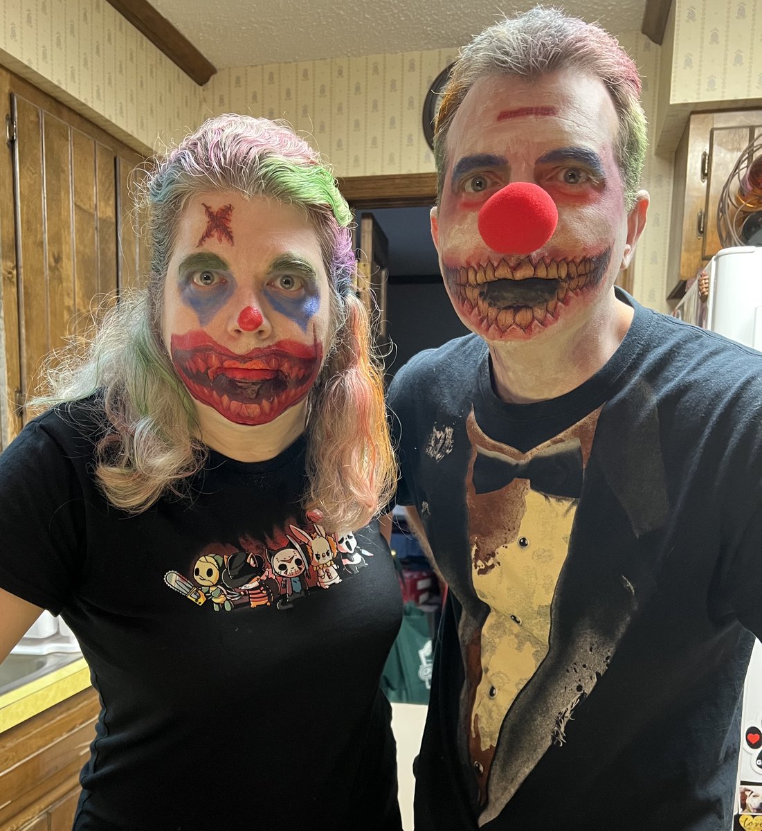 JocelynRish's tweet photo. My brother came to hang for Halloween, and we decided to be evil clowns.🤡🤡

The pic from inside is so you can see what I looked like before half my makeup melted off the minute I stepped outside.🥵

We had a lot more trick-or-treaters than usual, which made it extra fun! https://t.co/TYRd1EjwFq