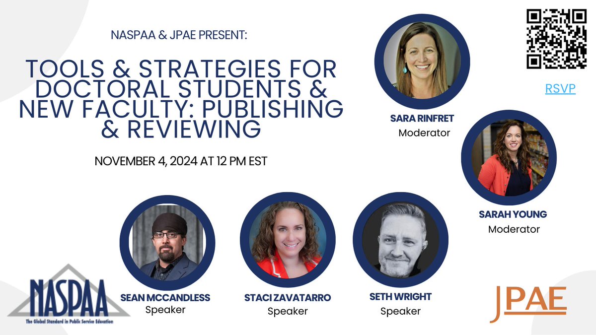 Happening on Monday! Join us for the "Tools &amp; Strategies for Doctoral Students and New Faculty: Publishing and Reviewing" webinar hosted by JPAE and NASPAA. 📝✨

RSVP to secure a spot! us02web.zoom.us/webinar/regist…
#AcademicTwitter #Webinar #JPAE #NASPAA