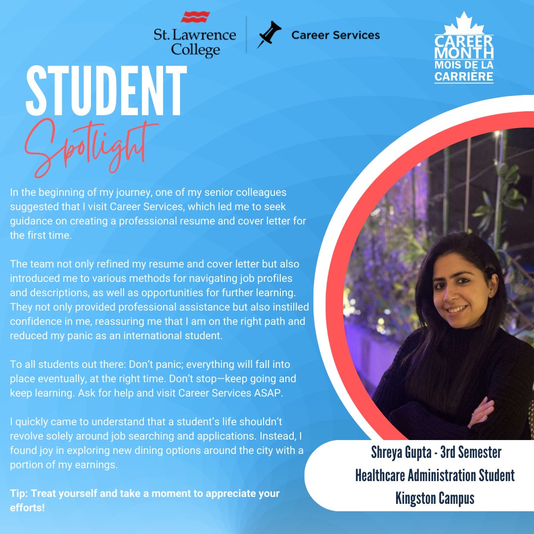 🎉 Celebrating Shreya Gupta! 🎉

Today, we’re highlighting the inspiring journey and tips of Shreya, a third-semester Healthcare Administration student on the Kingston campus 😊 She encourages you to treat yourself, and take a moment to appreciate your efforts ✨