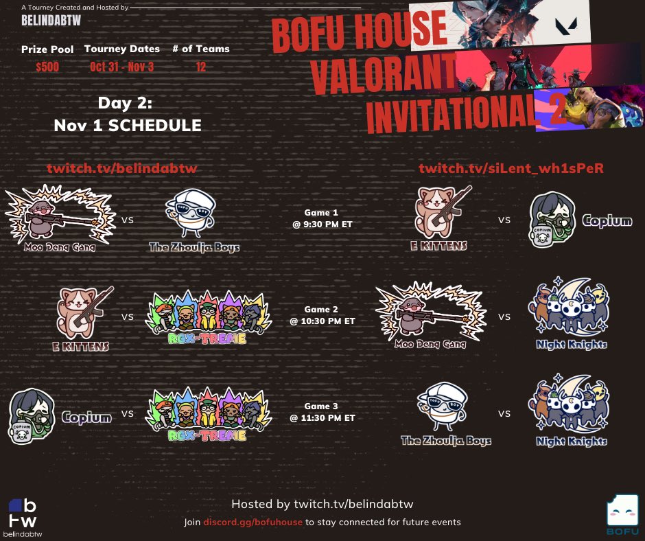 Had an exciting start to the tourney yesterday and now we’re on to Day 2!!

Schedule below! Catch all the action on twitch.tv/belindabtw &amp; twitch.tv/silent_wh1spher starting at 9:30 PM ET tonight 🥳🥳🥳