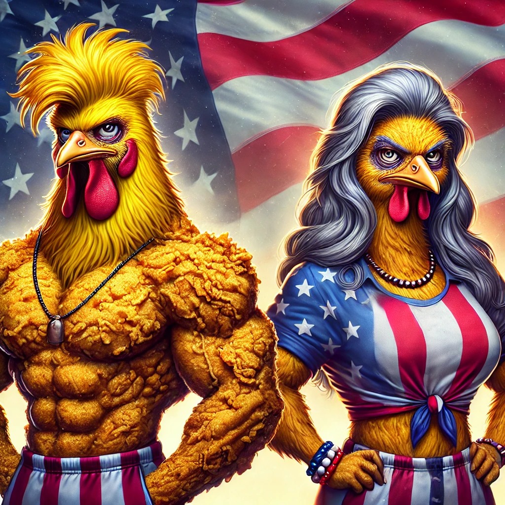 Freefriedchickn's tweet photo. 🍗🇺🇸 The Ultimate Fried Chicken Showdown for America! 🇺🇸🍗

It's tough, it’s fierce, and it's fried! 🍗 Meet the two legends battling it out for the crown: the bold Golden-Haired Tough Chicken vs. the seasoned Lady Lockfeather! 🐔💥

Who will rule the roost and lead the nation? Join the debate and pick your side! 🗳️

Retweet & Comment: Which fried chicken hero has YOUR vote? 🐔🔥

#ChickenElection #BattleOfTheBirds #FriedChicken2024 #FFC #MemeCoinMadness #CryptoCommunity #Trump #haris #elonmusk #DOGE