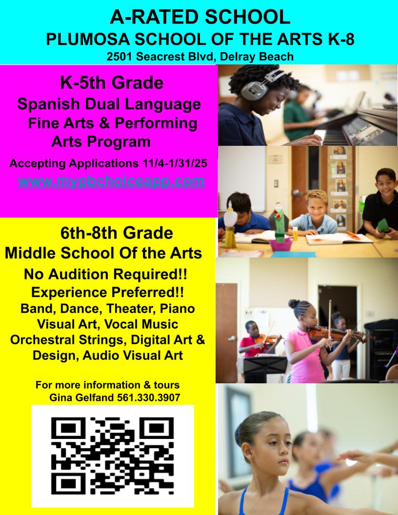 Gina Gelfand (@plumosaarts) on Twitter photo Choice School Program applications open November 4th. Choose Plumosa SOA for your academic & artist education! <a href="/pbcsd/">The School District of Palm Beach County</a> <a href="/southPbcsd/">SouthRegionPBCSD</a> <a href="/SDPBCChoiceCTE/">SDPBC Choice/Career</a> <a href="/citydelraybeach/">City of Delray Beach</a> <a href="/CityBocaRaton/">City of Boca Raton</a> <a href="/cityofboynton/">City of Boynton</a>
#arts #music #school It's an experience! Choice School Program applications open November 4th. Choose Plumosa SOA for your academic & artist education! <a href="/pbcsd/">The School District of Palm Beach County</a> <a href="/southPbcsd/">SouthRegionPBCSD</a> <a href="/SDPBCChoiceCTE/">SDPBC Choice/Career</a> <a href="/citydelraybeach/">City of Delray Beach</a> <a href="/CityBocaRaton/">City of Boca Raton</a> <a href="/cityofboynton/">City of Boynton</a>
#arts #music #school It's an experience!