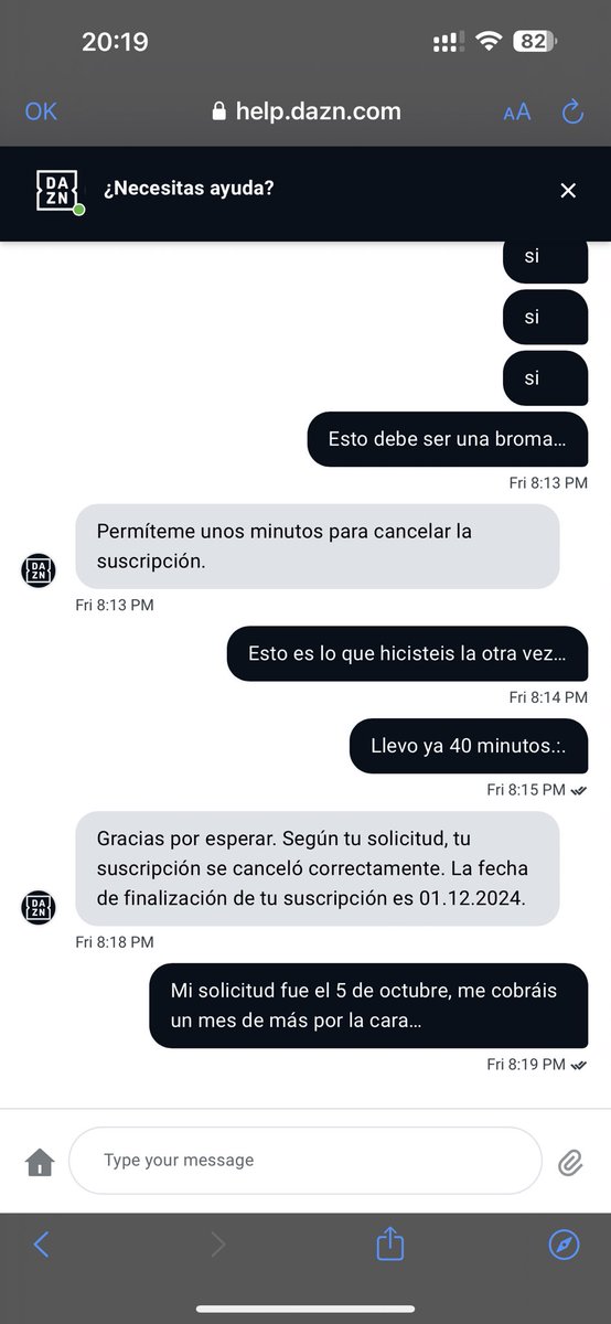 Lcasbay's tweet photo. #dazn
La odisea de darse de baja de @dazn.
La conversación con el call center situado en la India parece un chiste pero es real.
Es lo más parecido a un timo, si en algún momento de los 40 minutos de chat te desesperas y abandonas no tramitan la cancelación…
#hilo https://t.co/TMdgbHyk83