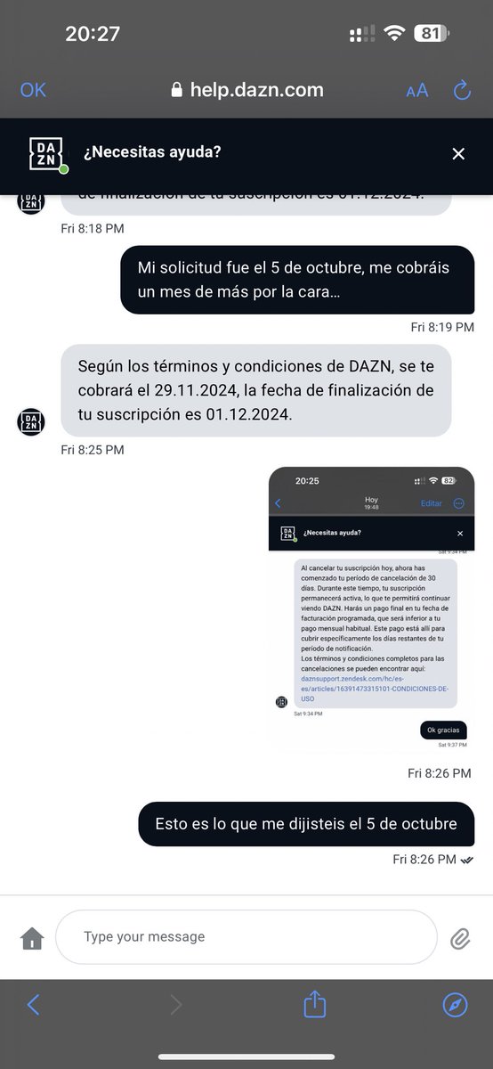 Lcasbay's tweet photo. #dazn
La odisea de darse de baja de @dazn.
La conversación con el call center situado en la India parece un chiste pero es real.
Es lo más parecido a un timo, si en algún momento de los 40 minutos de chat te desesperas y abandonas no tramitan la cancelación…
#hilo https://t.co/TMdgbHyk83