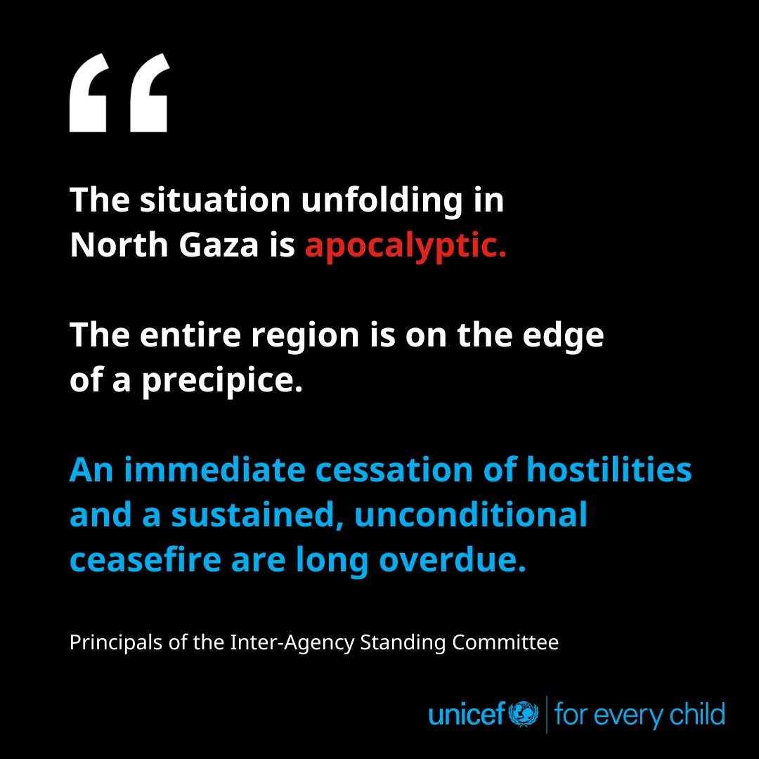 UNICEF (@unicef) on Twitter photo βStop the assault on Palestinians in Gaza and on those trying to help them.β
Full statement from Principals of the Inter-Agency Standing Committee <a href="/iascch/">Inter-Agency Standing Committee (IASC)</a> - leaders of 15 United Nations and humanitarian organizations - here: uni.cf/3CbgXn1 βStop the assault on Palestinians in Gaza and on those trying to help them.β
Full statement from Principals of the Inter-Agency Standing Committee <a href="/iascch/">Inter-Agency Standing Committee (IASC)</a> - leaders of 15 United Nations and humanitarian organizations - here: uni.cf/3CbgXn1