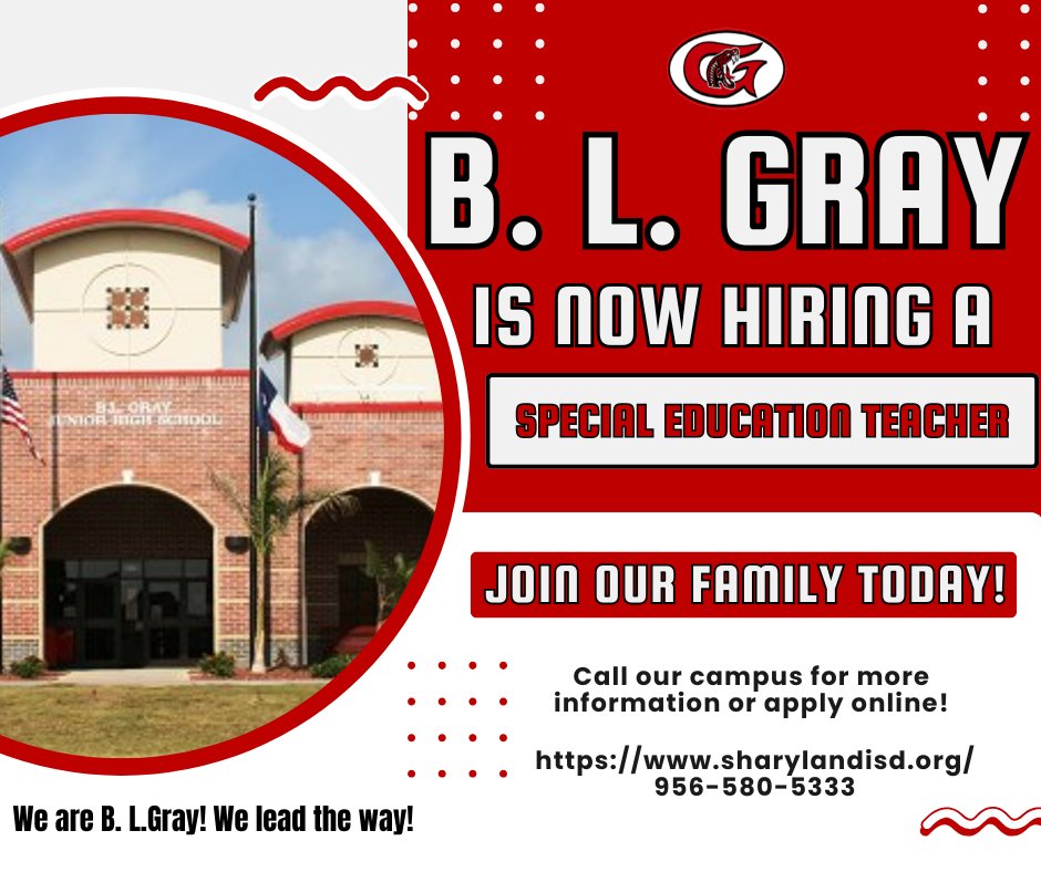 Are you passionate about making a positive impact? B. L. Gray Junior High is searching for a dedicated Special Education teacher who’s ready to inspire, support, and uplift our students.
