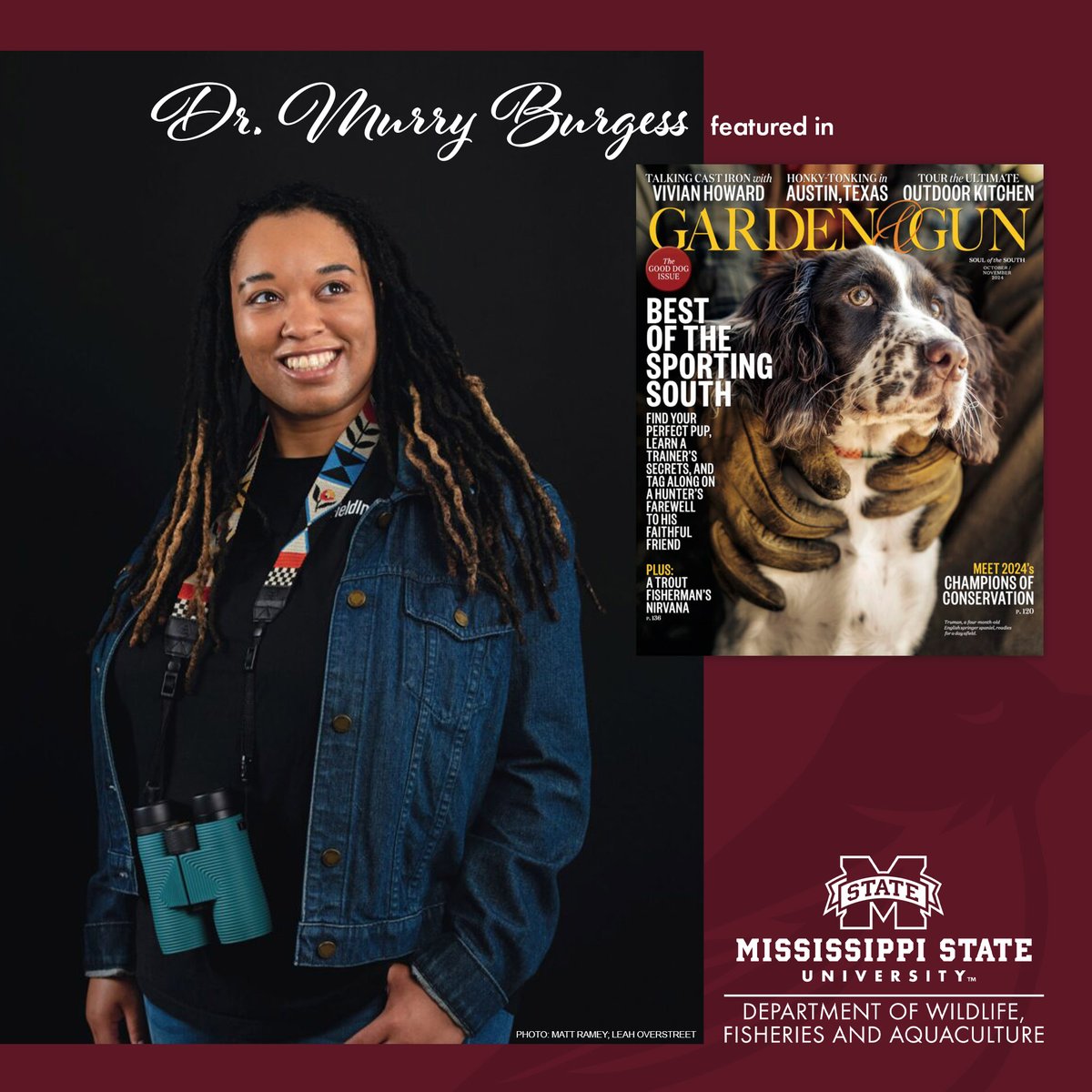 #MSUWFA Asst. Prof. Dr. Murry Burgess was featured in <a href="/gardenandgun/">Garden & Gun</a>! She shared her love of birds, her research <a href="/MSUWFA/">MSU Wildlife, Fisheries, and Aquaculture</a>, and how she &amp; Lauren Pharr founded <a href="/FieldInclusive/">Field Inclusive</a>, a nonprofit supporting nature lovers of all backgrounds. #MSUCFR #FWRC

Learn more🔗t.ly/Z2yvN