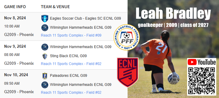 Leah Bradley ๐บ๐ธ ๐ต๐ญ ๐งค (@leahbradley09) on Twitter photo Hi Coaches, I'm a 2027 GK looking at my college options. I play for <a href="/09ECNLhammers/">2009 Hammerheads Girls ECNL</a>, Ashley High School Varsity & U17 Philippines National Team. Pls come watch me play in Phoenix! #ECNLPHX
<a href="/ECNLgirls/">ECNL Girls</a> <a href="/WilmHammerheads/">Wilmington Hammerheads Youth FC</a> <a href="/PrepSoccer/">Prep Soccer โฝ๏ธ</a> <a href="/ImYouthSoccer/">ECNL/GA/Recruiting/College Soccer</a> <a href="/ImCollegeSoccer/">College Soccer Truth โข</a> <a href="/TheSoccerWire/">SoccerWire</a> Hi Coaches, I'm a 2027 GK looking at my college options. I play for <a href="/09ECNLhammers/">2009 Hammerheads Girls ECNL</a>, Ashley High School Varsity & U17 Philippines National Team. Pls come watch me play in Phoenix! #ECNLPHX
<a href="/ECNLgirls/">ECNL Girls</a> <a href="/WilmHammerheads/">Wilmington Hammerheads Youth FC</a> <a href="/PrepSoccer/">Prep Soccer โฝ๏ธ</a> <a href="/ImYouthSoccer/">ECNL/GA/Recruiting/College Soccer</a> <a href="/ImCollegeSoccer/">College Soccer Truth โข</a> <a href="/TheSoccerWire/">SoccerWire</a>