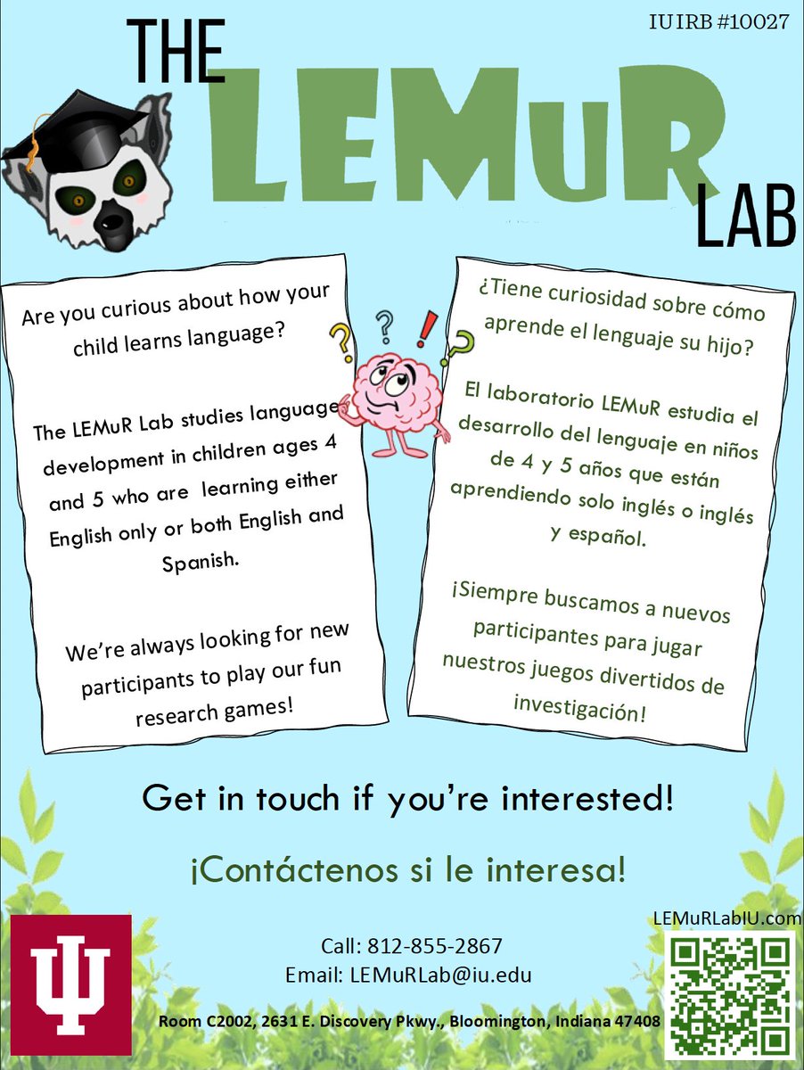 We are still looking for participants for this fun, ONLINE study! If you have a child who is 4-5 &amp; speaks English or English &amp; Spanish, and you want to learn more, visit this link!
redcap.uits.iu.edu/surveys/?s=P9M…