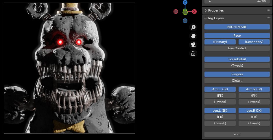 Fredbear is done and uploaded, check my pinned tweet / the google drive file

NOTE: when you use the animation panel with all the animation layers, there is a button on the top to switch to nightmare's skin (picture 2,3)

#blender #fnaf #release #fnaf4 #fredbear #nightmare