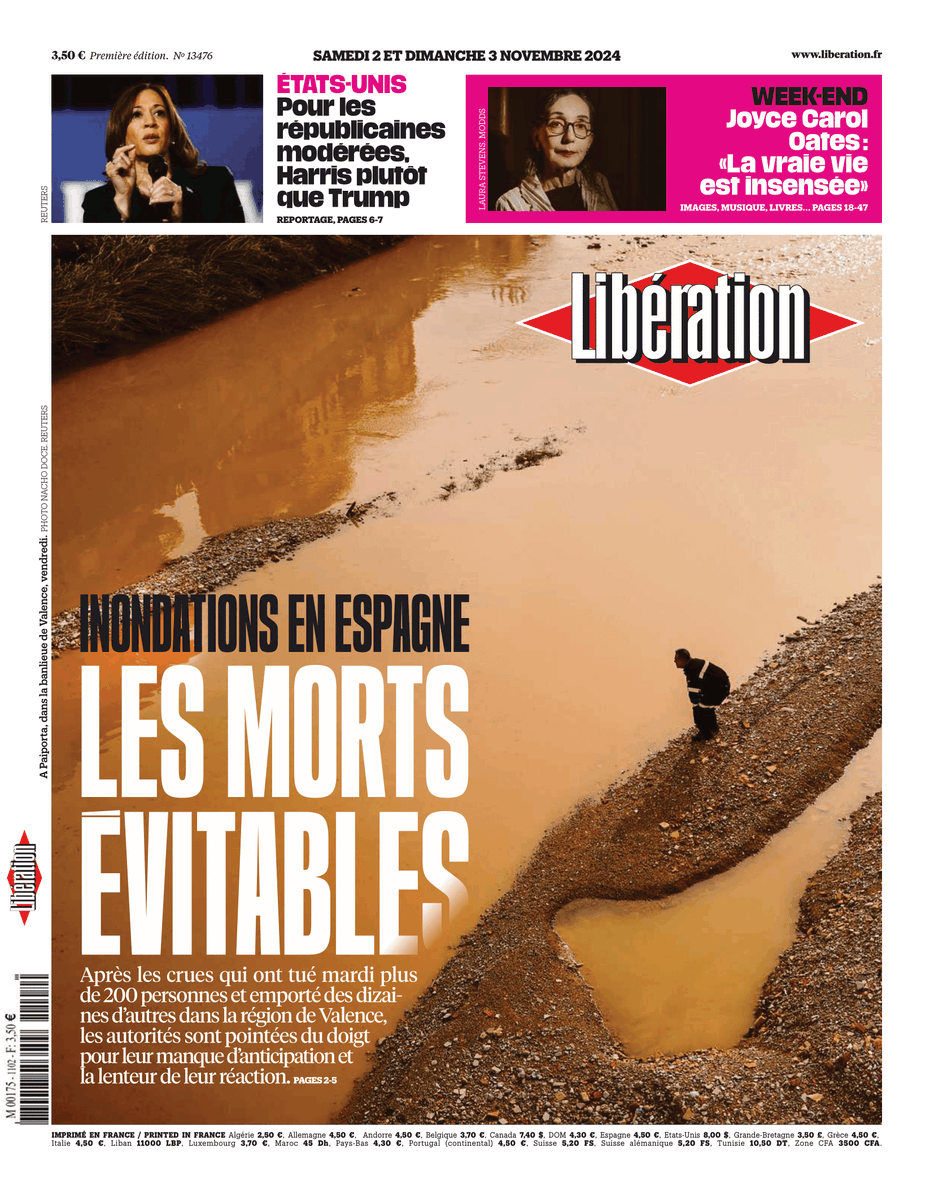 Inondations en Espagne : les morts évitables. C'est la une de @Libe ce week-end. 

Après les crues qui ont tué plus de 200 personnes et emporté des dizaines d’autres dans la région de Valence, les autorités sont pointées du doigt pour leur manque d’anticipation.