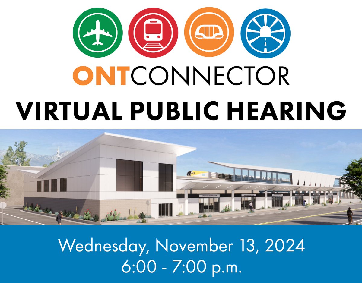 Join <a href="/goSBCTA/">SBCTA</a> for a virtual public hearing Wednesday, Nov. 13 at 6:00 p.m. to learn about the ONT Connector project, and how you can provide feedback. 

To register visit bit.ly/ONTPublicHeari….  

#ONTconnector