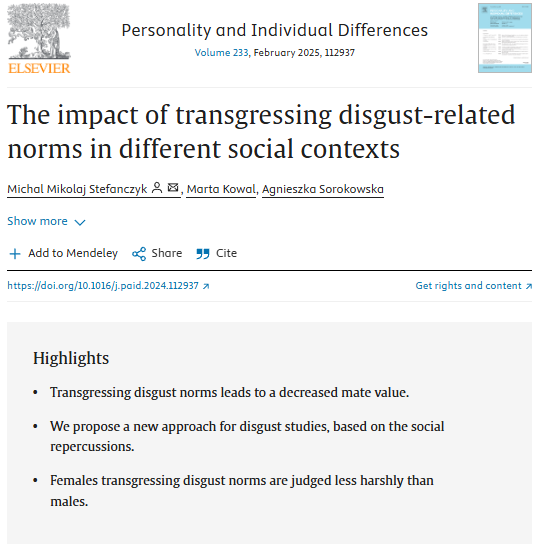 Marta7Kowal's tweet photo. 1/3 In our latest paper, we found that triggering disgust can come with significant social costs - like exclusion from potential relationships and lower perceived mate value, though these effects vary. https://t.co/uihCbbBA10
