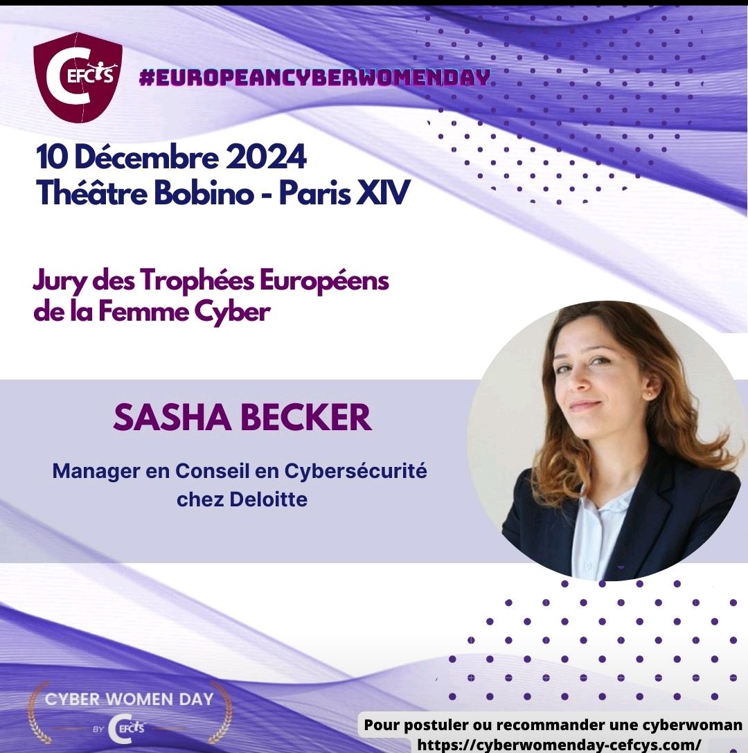 CEFCYS_Officiel's tweet photo. 🎉Le #CEFCYS remercie chaleureusement, Madame
Sasha Becker, Manager en Conseil en Cybersécurité chez @Deloitte d'être membre du jury de la 5e édition des #ECWD.
👉 Vous souhaitez postuler ou recommander une #cyberwoman inspirante ? C’est par ici : https://t.co/RPWYz0L48d https://t.co/3IY739Vvu3