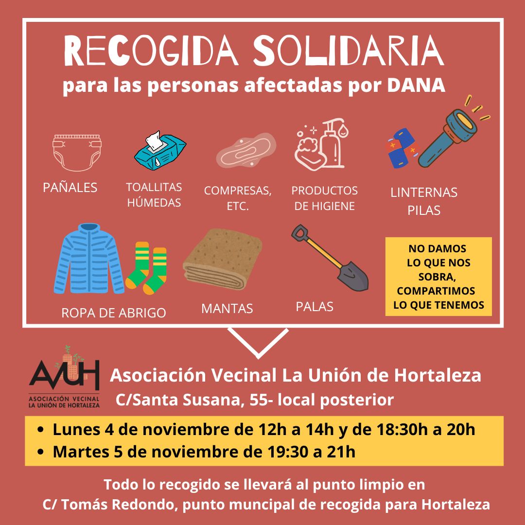 AVLaUnion's tweet photo. Recogida solidaridaria para las personas afectadas por #dana
Llevaremos todo lo recigido al punto que se ha habilitado en Tomás Redondo, 8 para #Hortaleza
#solidaridadvecinal #ParticipacionVecinal #SomosBienDeBarrio #HortalezaPeople https://t.co/VcAmSoGFnS