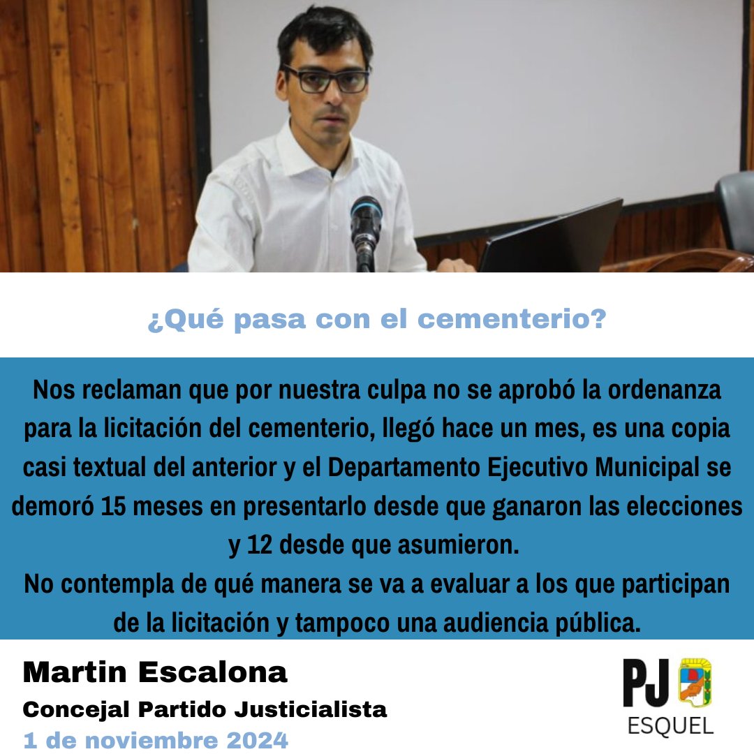 PJEsquelOK's tweet photo. @martinescalona2 
¿Qué pasa con el cementerio?Reclaman que x nuestra culpa no se aprobó la ordenanza de licitación que llegó hace 1 mes, es copia d la anterior, demoraron 12 meses en presentarla. No contempla evaluación de los que participan d la licitación, ni audiencia pública https://t.co/qXaTJdusnK