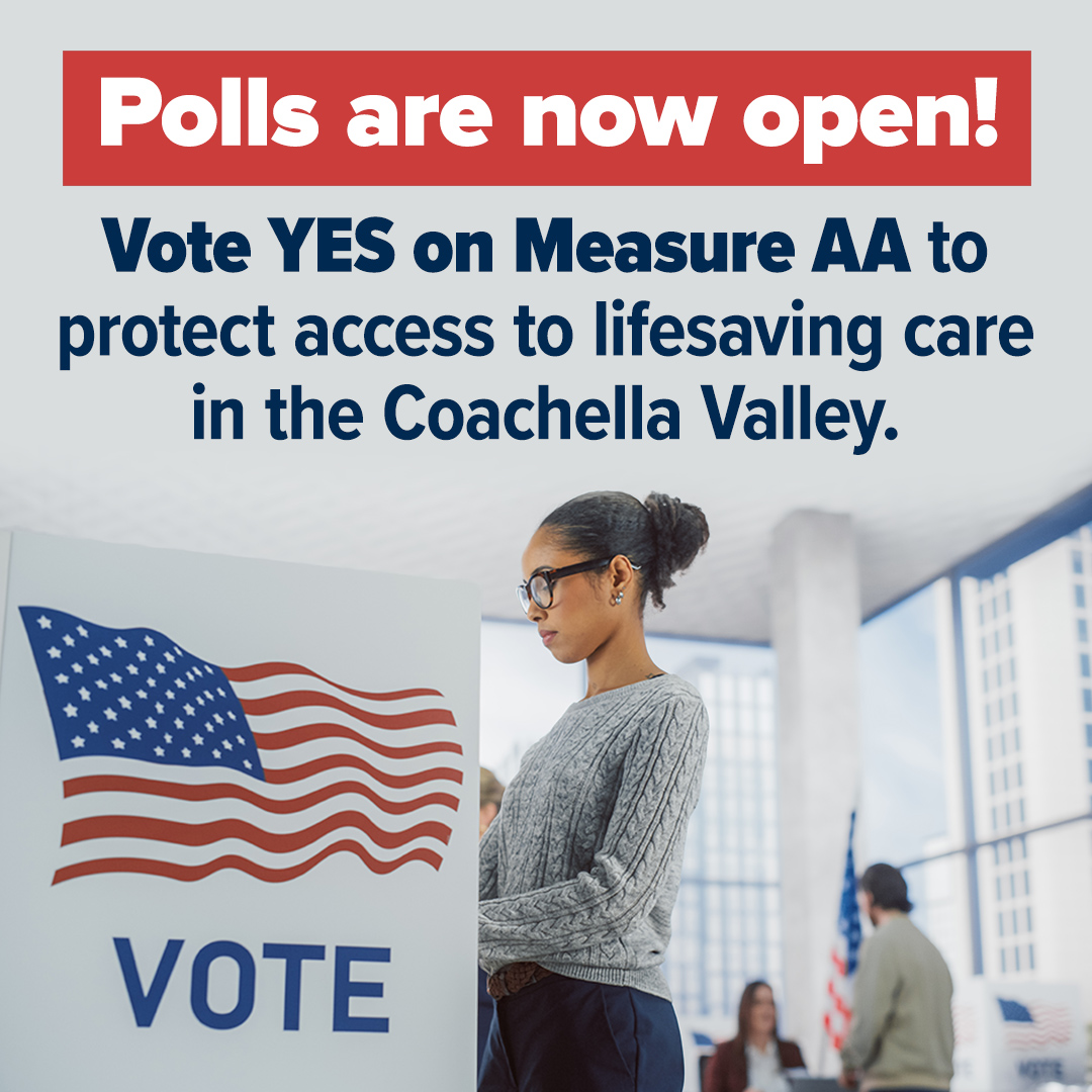 YesMeasureAA's tweet image. It’s time to cast your vote! By voting YES on Measure AA, you’re helping protect access to lifesaving care at Desert Regional Medical Center - at no cost to taxpayers. Find your polling place here &amp;gt; sos.ca.gov/elections/poll…