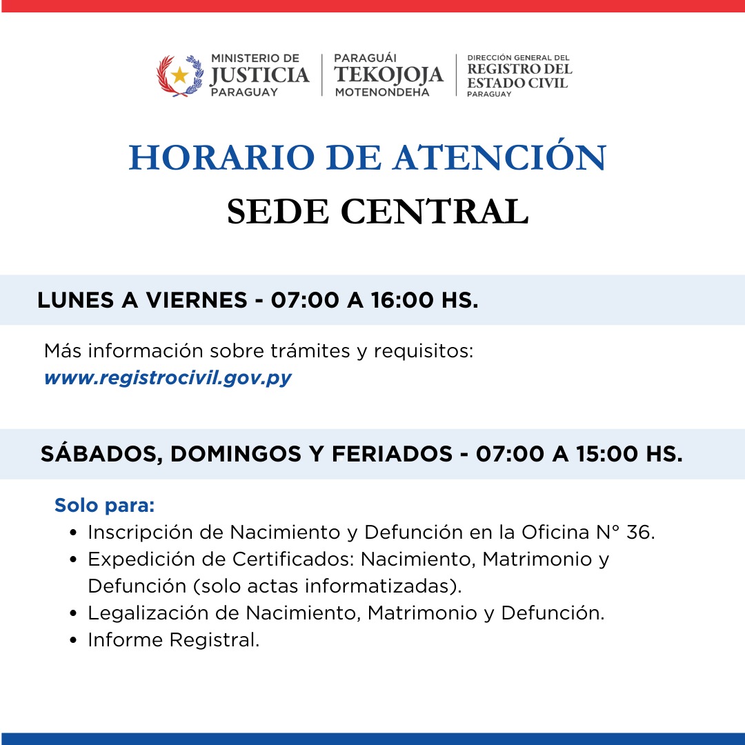 🕒 𝐇𝐨𝐫𝐚𝐫𝐢𝐨 𝐝𝐞 𝐕𝐞𝐫𝐚𝐧𝐨 𝐩𝐚𝐫𝐚 𝐀𝐭𝐞𝐧𝐜𝐢ó𝐧 𝐞𝐧 𝐥𝐚 𝐒𝐞𝐝𝐞 𝐂𝐞𝐧𝐭𝐫𝐚𝐥 𝐝𝐞𝐥 𝐑𝐄𝐂.

#GobiernoDelParaguay