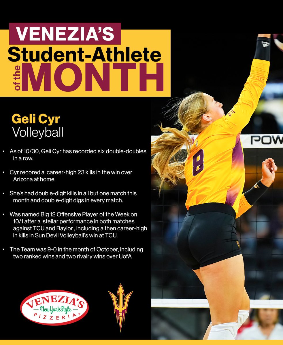 TheSunDevils's tweet photo. The October Venezia's Student-Athlete of the Month is @SunDevilVB’s Geli Cyr!

#ForksUp /// #Onward https://t.co/hy9YVRwE6y