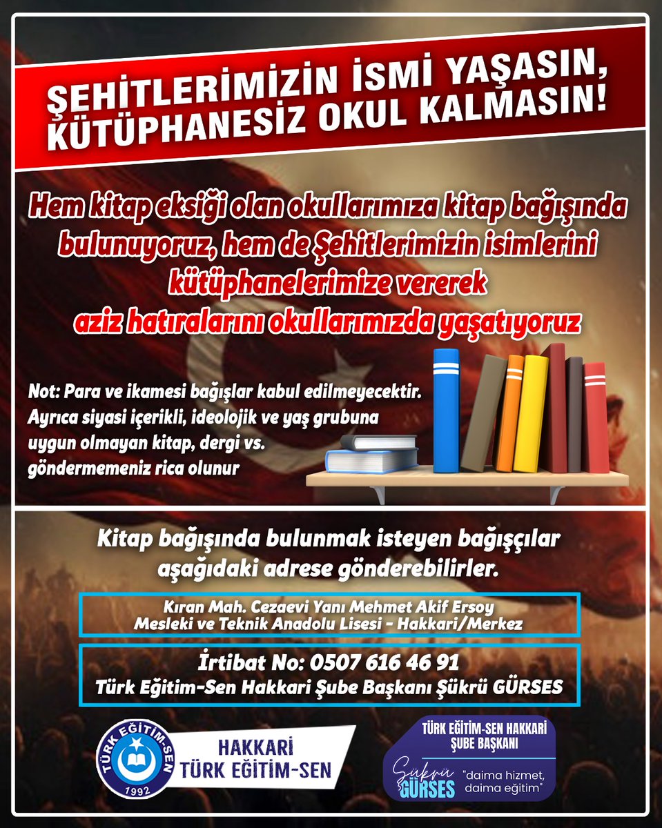 ErdiESE's tweet photo. Şehitlerimiz adına açacağımız kütüphaneler için kitap desteklerinizi bekliyoruz. https://t.co/pHTbjk8Or7