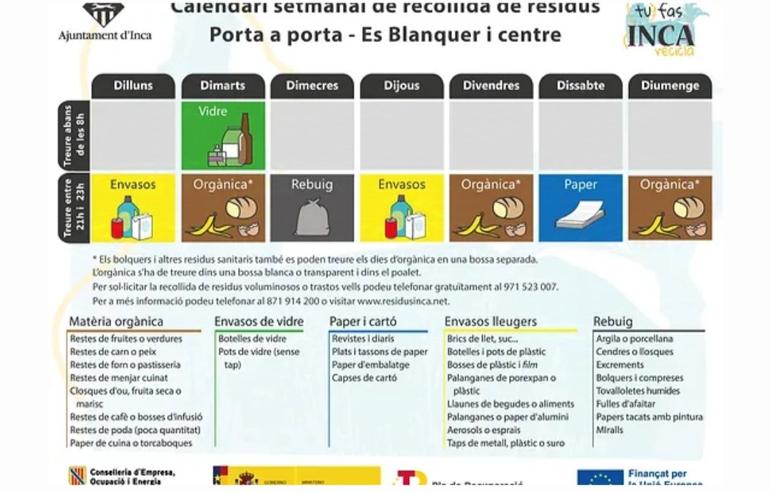 GabyFar86's tweet photo. Un nuevo gran aplauso para el @incaciutat, cambio de calendario de recogida de basura, sin pasar a avisar a los vecinos que no hemos ido a la reunión y reduciendo de dos días a uno para la basura....  Esto es indignante y encima sube los impuestos de la recogida de basura... https://t.co/YOHdCnVDJS