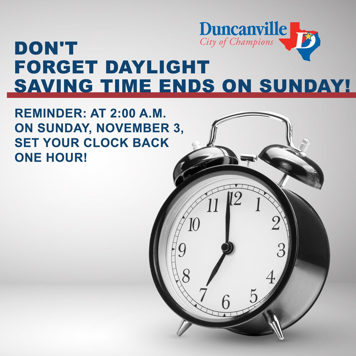 On Sunday, November 3, Daylight Saving Time is coming to an end.

This is your friendly reminder to set your clocks back one hour on Sunday, November 3. The time adjustment will take place at 2:00 A.M. on Sunday, which means you'll get an extra hour of sleep.