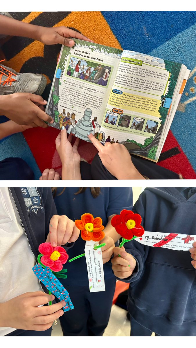 MissProminska's tweet photo. As we approach All Souls Day, our class decided to have a prayer service to honour all souls reaching heaven 🙏🏼 Students learned about the story of Lazarus, made flowers &amp; prayed for lost family members, friends and pets ❤️ @saopmilton1 @HCDSB https://t.co/TXJfy54oJH