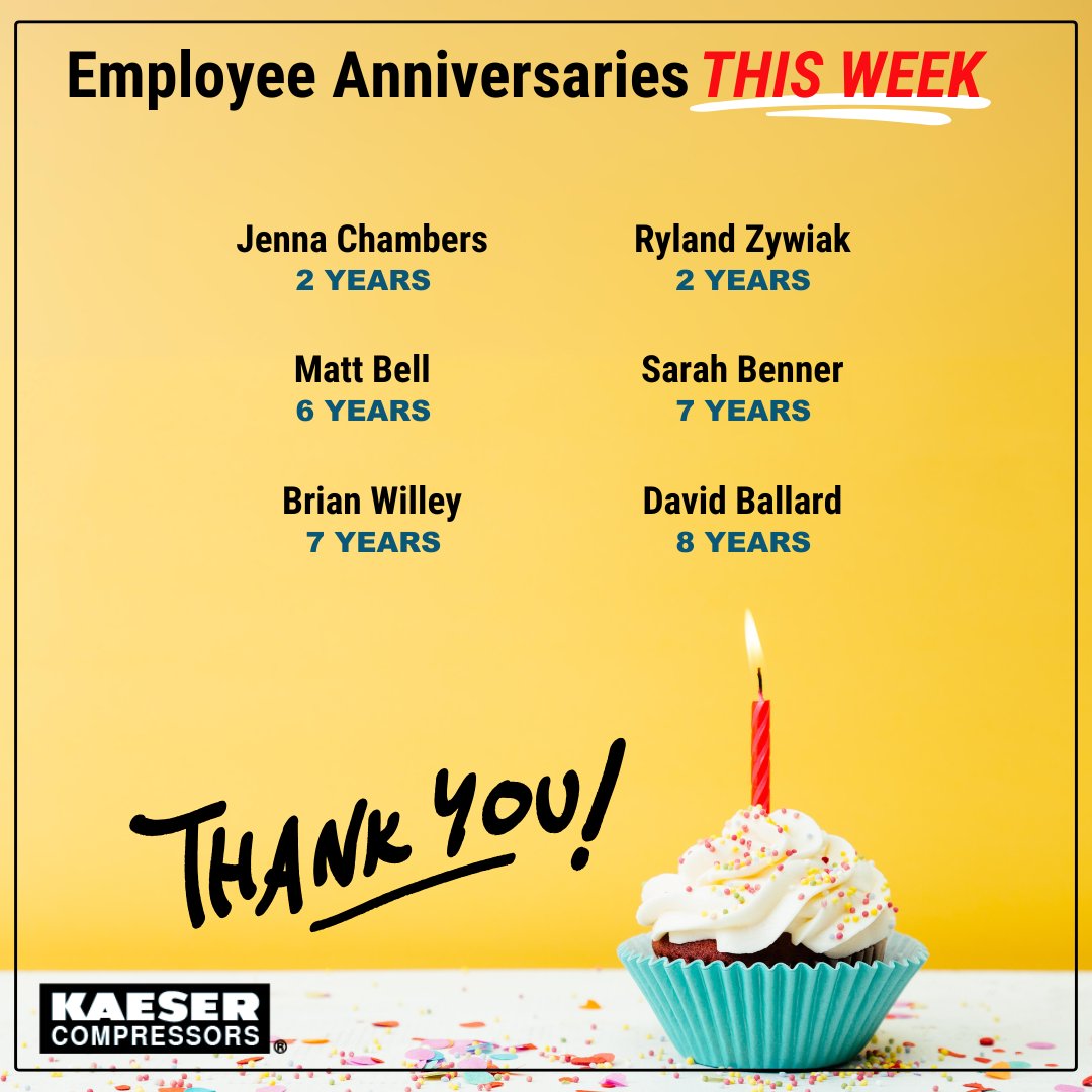 Congratulations and happy anniversary to our colleagues celebrating milestones this week! 👏Thanks for all your hard work! #KaeserFamily 💛✨💪