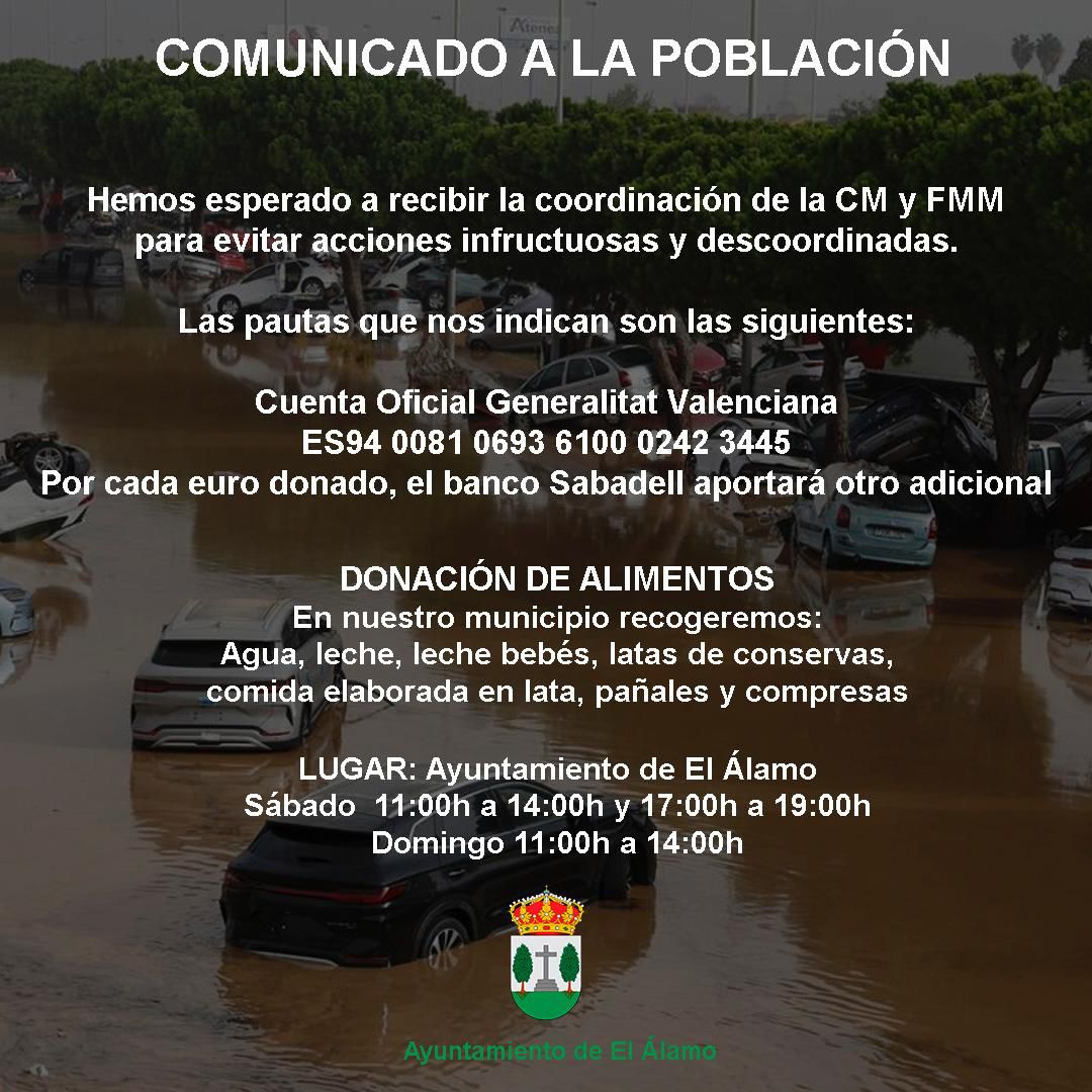 📣 *COMUNICADO A LA POBLACIÓN*⚠️

El equipo de Gobierno se ha reunido esta tarde para recibir las indicaciones coordinadas de la CAM y la Federación de Municipios de Madrid para ayudar a los damnificados por la *#DANA*

*#ElÁlamoEsSolidario* 💚🤍
*#EspañaUnida* 💪🏻🇪🇸