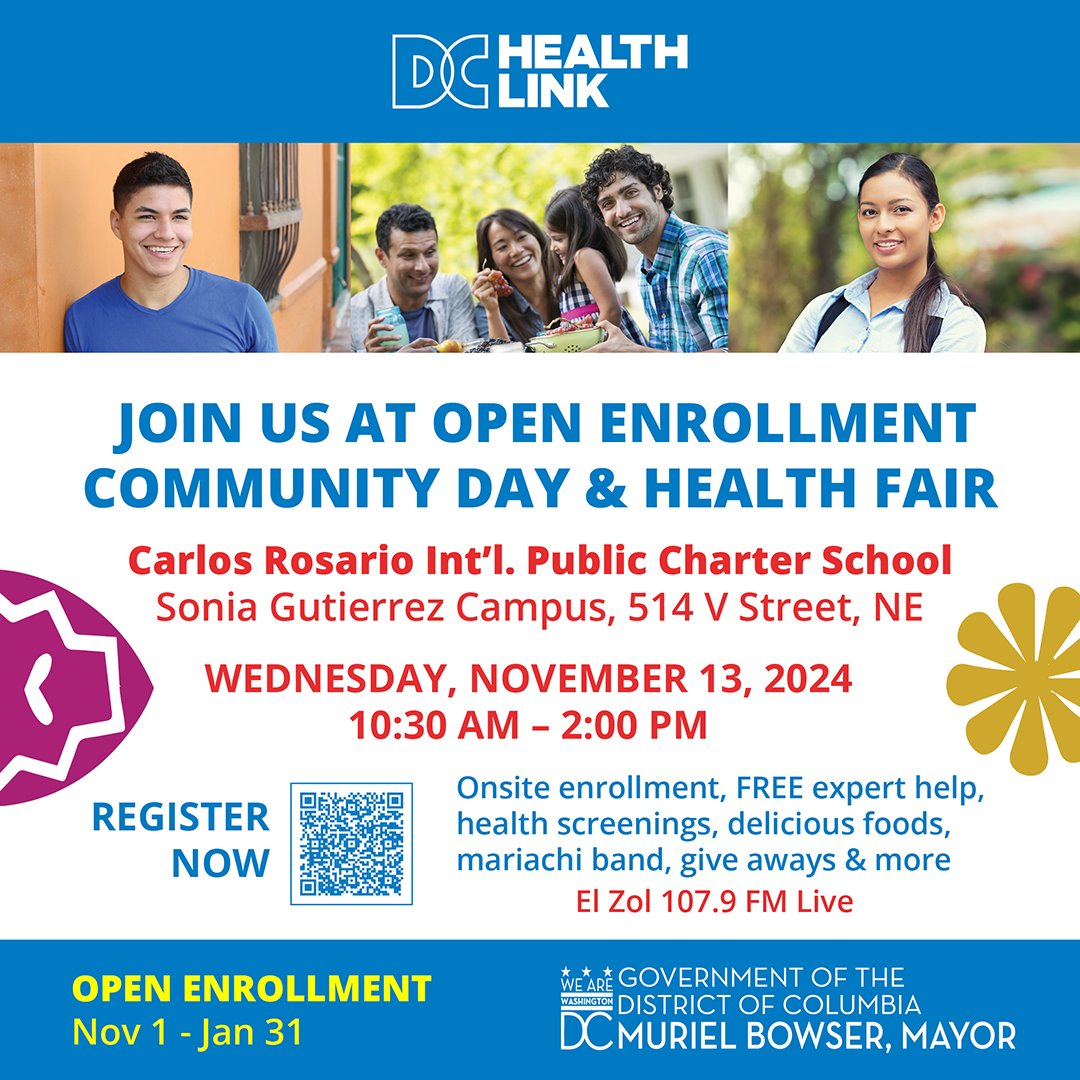 🩺✨ Open Enrollment is here! Don’t miss our Open Enrollment Community Day &amp; Health Fair on Nov 13, 10:30 AM-2:00 PM. Free help, food, music &amp; more! 🎉 @dchealthlink

📍 Carlos Rosario Campus
🔗 Register: bit.ly/dchlcommunityd…