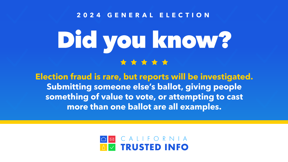 CASOSVote's tweet photo. Election fraud is rare, but reports will be investigated. Learn the do's and donโts here: https://t.co/4nTx9CgpSc #misinformation #CATrustedInfo2024 #VoteCalifornia #GeneralElection2024 #VoteCA #CaliforniaSOS #ShirleyNWeberPhD @nass_org @CalCities @CSAC_Counties https://t.co/2oNvjPlR9F