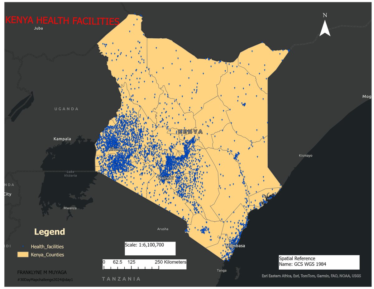 Thealchemistke's tweet photo. #30DayMapChallenge
Day 1: Points

Kenya health facilities distribution 

#GIS#Mapping https://t.co/2ezbFBq6ni