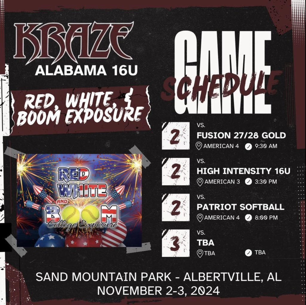Catherine Willis (@clwillis20) on Twitter photo So excited for Red, White, and Boom Exposure Tournament in Albertville AL📍! Come watch <a href="/ALKraze16U/">Alabama Kraze 16U</a> this weekend! <a href="/WallaceStSB/">Wallace State Softball</a> <a href="/UNASoftball/">North Alabama Softball</a> <a href="/NWSCC_SB/">Northwest Shoals Softball</a> <a href="/UAB_SB/">UAB Softball</a> <a href="/SoftballCalhoun/">Calhoun Softball</a> <a href="/nemccsoftball/">NEMCCSOFTBALL</a> <a href="/UTSSoftball/">UTSouthern Softball</a> <a href="/MShoalsSoftball/">MSHS Trojan Softball</a> #20CatherineWillis2026 So excited for Red, White, and Boom Exposure Tournament in Albertville AL📍! Come watch <a href="/ALKraze16U/">Alabama Kraze 16U</a> this weekend! <a href="/WallaceStSB/">Wallace State Softball</a> <a href="/UNASoftball/">North Alabama Softball</a> <a href="/NWSCC_SB/">Northwest Shoals Softball</a> <a href="/UAB_SB/">UAB Softball</a> <a href="/SoftballCalhoun/">Calhoun Softball</a> <a href="/nemccsoftball/">NEMCCSOFTBALL</a> <a href="/UTSSoftball/">UTSouthern Softball</a> <a href="/MShoalsSoftball/">MSHS Trojan Softball</a> #20CatherineWillis2026