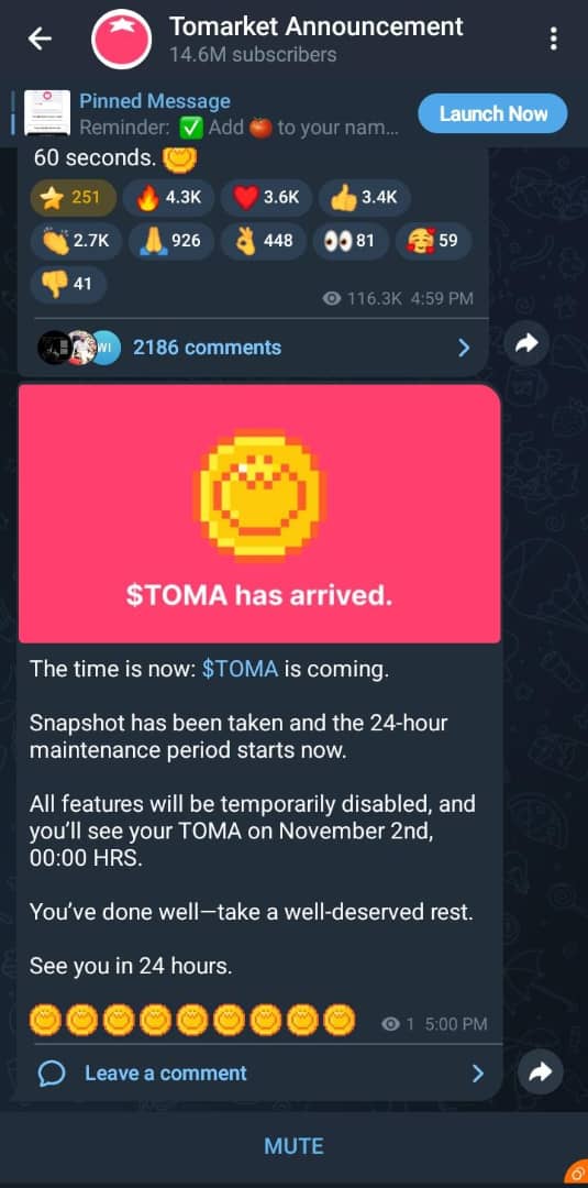 Cryptomarve's tweet photo. $TOMATO second snapshot taken, and a 24-hour maintenance period starts now.

Some features will be temporarily disabled, and you’ll see your $TOMA allocation on November 2nd, 2024.

#Tomarket #Snapshot #TGE https://t.co/DLVLXvO1SF