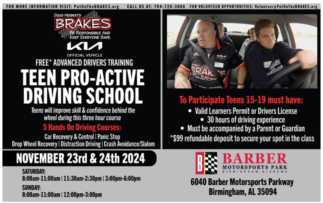For the first time ever, our lifesaving teen driving program will be heading to #Birmingham #Alabama !
We'll hold training sessions at <a href="/BarberMotorPark/">Barber Motorsports</a> during the weekend of November 23 &amp; 24.
Register today at putonthebrakes.org.
#barbermotorsportspark #Birmingham