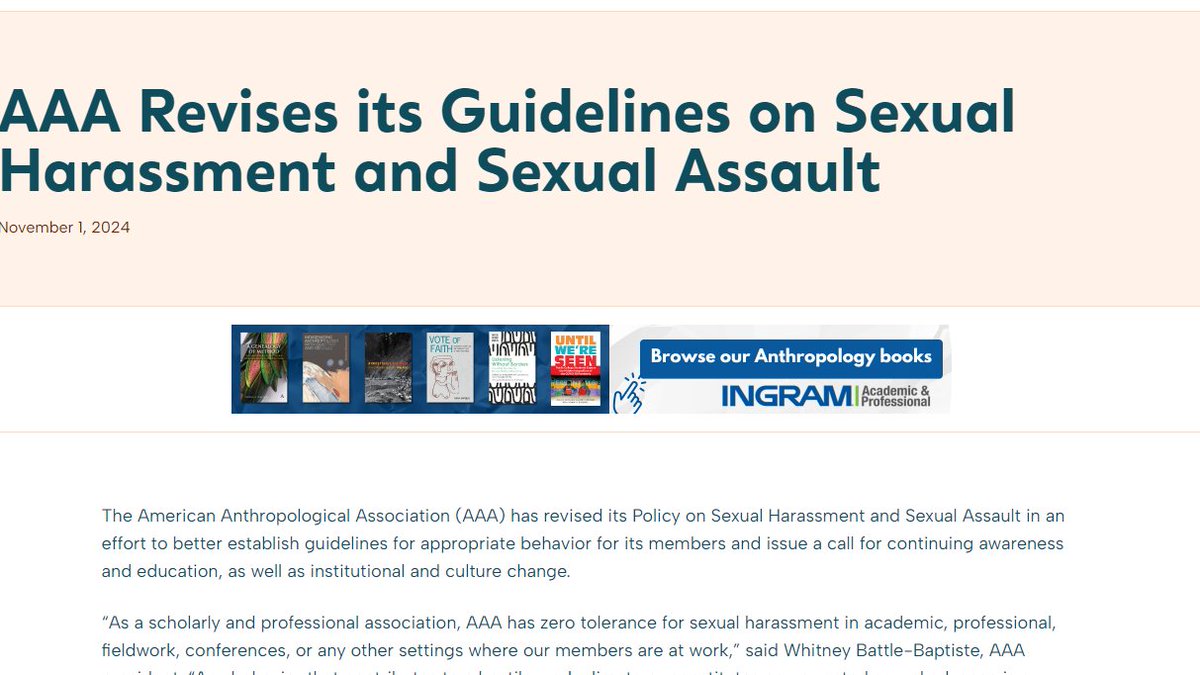 Rachel Hall-Clifford, PhD, MPH, MSc (@rahallclifford) on Twitter photo Updates to the <a href="/AmericanAnthro/">American Anthropological Association</a> sexual harassment and sexual assault policy are now live! I'm proud to have co-led with Carla Jones a two-year consultative process to make it happen. Anthropology can and is going to do better!
americananthro.org/news/aaa-revis… Updates to the <a href="/AmericanAnthro/">American Anthropological Association</a> sexual harassment and sexual assault policy are now live! I'm proud to have co-led with Carla Jones a two-year consultative process to make it happen. Anthropology can and is going to do better!
americananthro.org/news/aaa-revis…