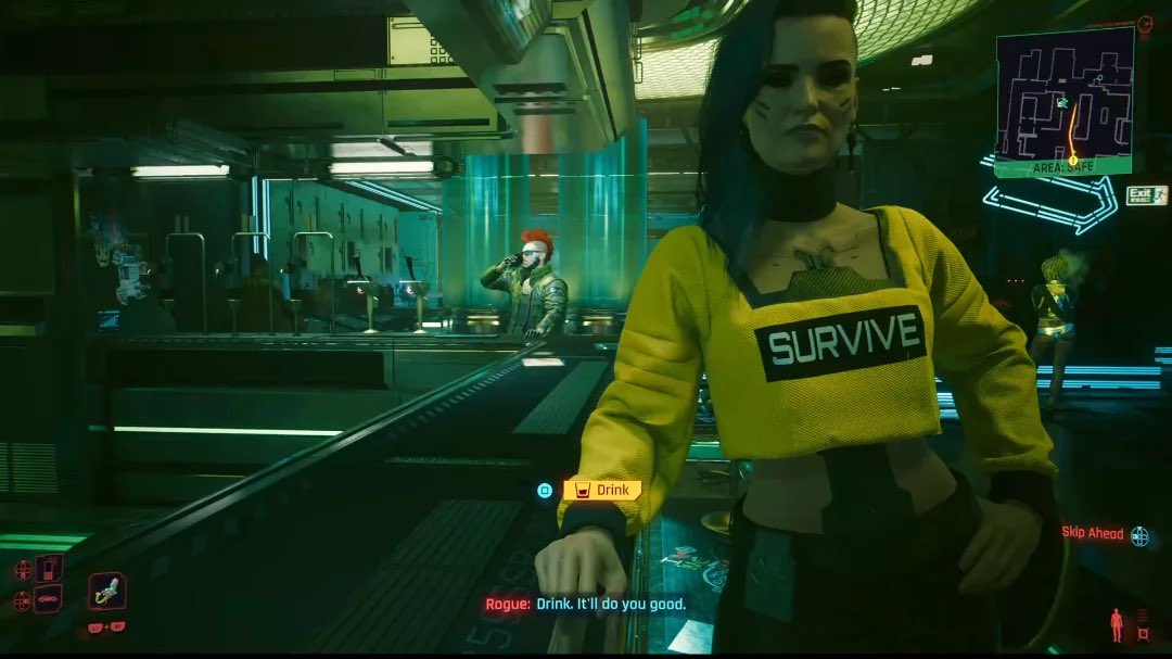 GenePark's tweet image. as a recovering alcoholic, i deeply appreciated cyberpunk offering roleplay options for sober people. drinking and partying scenes in video games can be rough on me. it’s why i still avoid disco elysium. cyberpunk 2077 is kinda underrated as an RPG