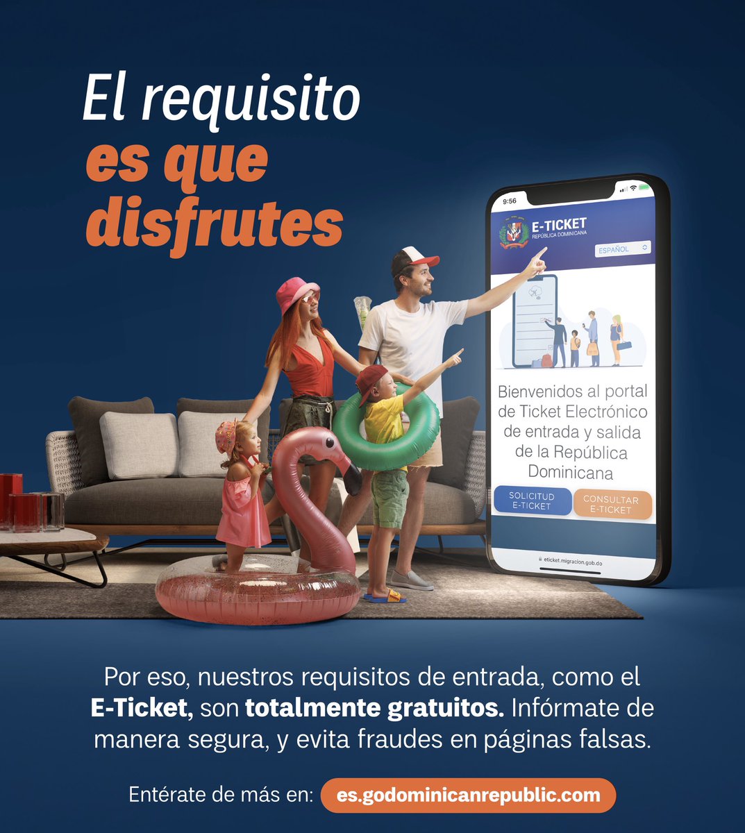 Ministerio de Turismo RD (@turismord) on Twitter photo ⚠️No caigas en fraude ⚠️
El E-Ticket de entrada y salida de la #RepúblicaDominicana es totalmente ¡𝐆𝐑𝐀𝐓𝐈𝐒! 🇩🇴🙂↕️✅
Link oficial 🔗del E-Ticket: eticket.migracion.gob.do
<a href="/MigracionRDo/">Dirección General de Migración</a>
#ETicketRD #NoAlFraude #TurismoRD ⚠️No caigas en fraude ⚠️
El E-Ticket de entrada y salida de la #RepúblicaDominicana es totalmente ¡𝐆𝐑𝐀𝐓𝐈𝐒! 🇩🇴🙂↕️✅
Link oficial 🔗del E-Ticket: eticket.migracion.gob.do
<a href="/MigracionRDo/">Dirección General de Migración</a>
#ETicketRD #NoAlFraude #TurismoRD