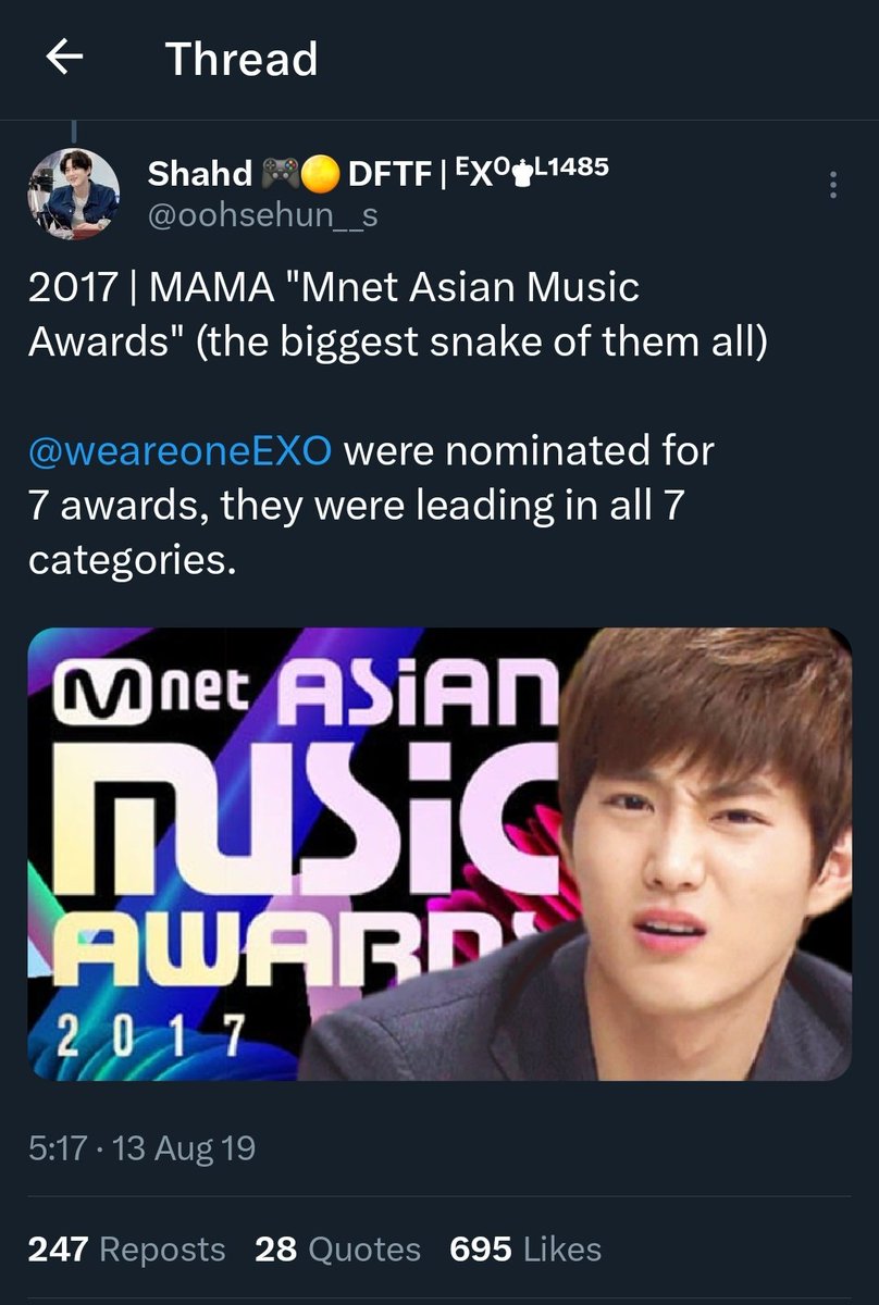 Xiuming_Day's tweet photo. unfortunately moot's account was suspended, but i took ss of her thread documenting how EXO were robbed at MAMA 2017. we've been waiting a long time for vindication against this company and their malicious fans. (1/4)
#EXO #weareoneEXO #EXOtheStandard
https://t.co/ovOEMp0k2S https://t.co/sTMJZaG4fG
