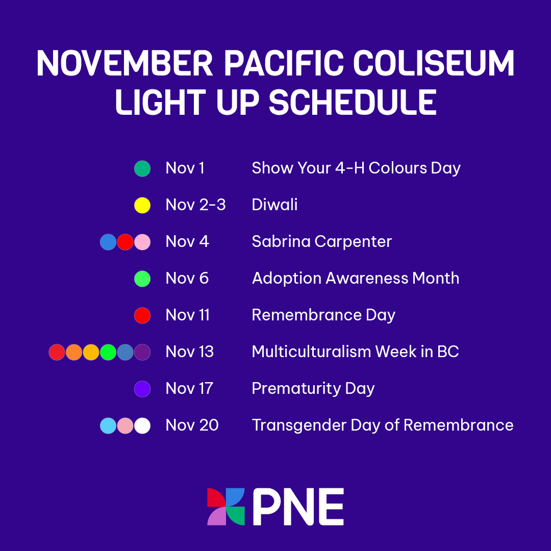 November is here! Check out the Pacific Coliseum colours for the month 🔆
ㅤ
The Pacific Coliseum will be lit up for a cause each night from sunset to 11:00pm.

vist.ly/3mkcyx4