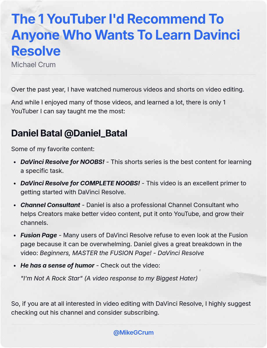 MikeGCrum's tweet photo. The 1 YouTuber I'd Recommend To Anyone Who Wants To Learn Davinci Resolve https://t.co/4nLBxUhDkI