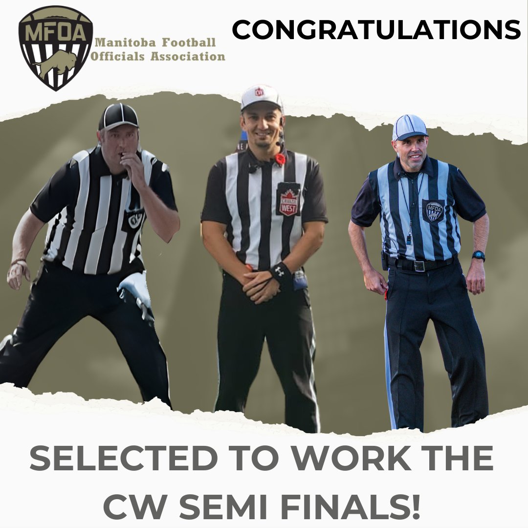 The MFOA would like to congratulate Mike Klassen (U), Jamie Bernard (SJ) and Damien Lacasse (Spare) who will be working the Canada West Semi-Final game on Saturday, when the Manitoba Bisons host the Regina Rams 2:00 @ Princess Auto Stadium

Best of luck to all the officials!