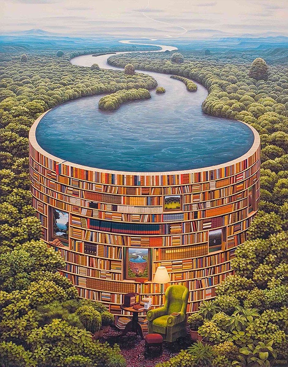 Un viaje surrealista al universo del conocimiento
En Estantes de libros (Bibliotama), el #pintor polaco Jacek #Yerka nos invita a un mundo donde la imaginación y el conocimiento convergen de manera imaginativa.