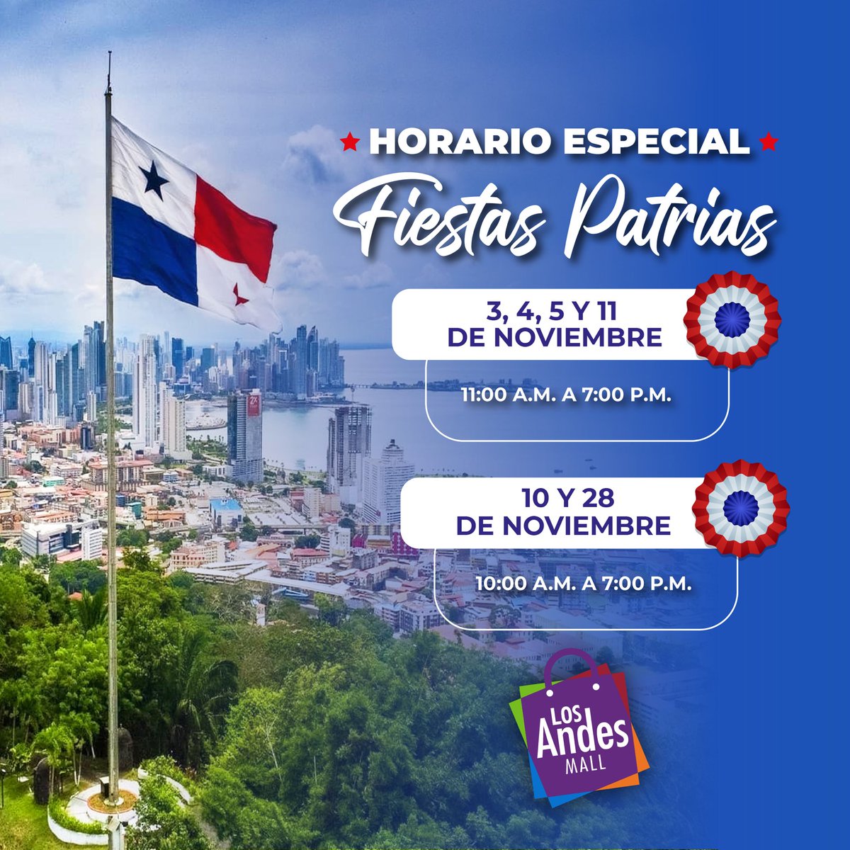 Durante el mes de la patria, ajustamos nuestros horarios para que puedas disfrutar tus compras y celebraciones. 📅🎉

¡Te esperamos en los Andes Mall!
 
#FiestasPatrias #LosAndesMall #HorariosEspeciales #VivaPanamá #SanMiguelito
