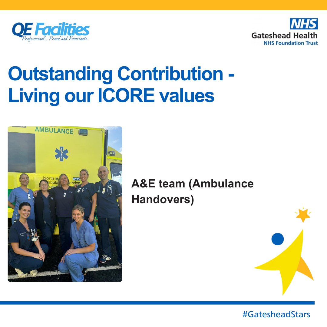 Gateshead_NHS's tweet photo. Outstanding Contribution - Living our ICORE values🏥
  
Congratulations to the A&amp;E team!  

The team's actions have helped to exceed quality objectives for the continuous improvement of patient outcomes, experience, and safety. Thank you for your hard work! https://t.co/03WMiHA2YE