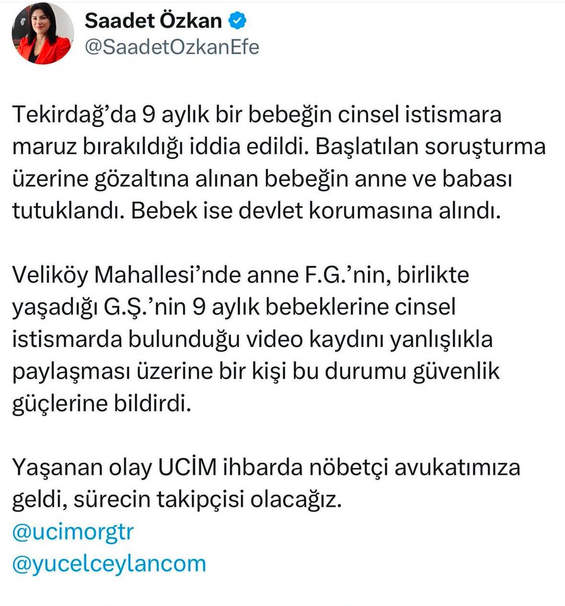Tekirdağ’da 9 aylık bir bebek cinsel istismara uğradı!
2 yaşında Sıla bebekten sonra 9 AYLIK BEBEK!
Biz ne yapıyoruz peki? Evimizde dizileri izleyip tt listesinin başına koyduruyoruz, empati yapma yetimizi kaybettik herhaldeki o yüzden olanları normalleştiriyoruz. Bugün kediye