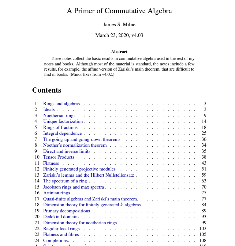 DiracGhost's tweet photo. Commutative algebra, is one of the most important subject in all of mathematics, it connects to many of the most important subject in algebra, such as Galois theory, algebraic geometry, arithmetic geometry ect. 

Thankfully, James Milne's got a great primer, link in comments. https://t.co/dHyY8scR3r