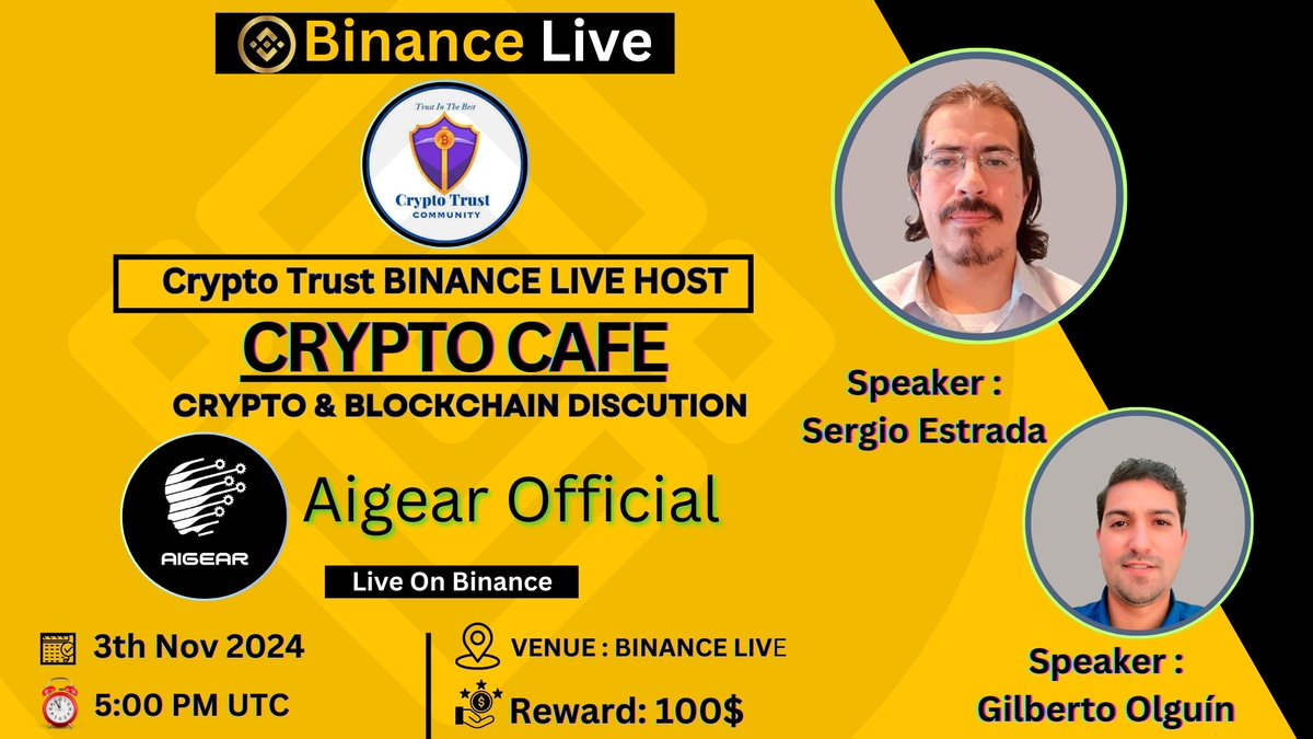 We're pleased to announce our next #BINANCE_LIVE #AMA With Aigear Official on 3th  November 5PM UTC 2024
💰Reward: 100$
🏠Venue: binance.com/en/live/u/6013… 
〽️Rules:
1⃣ Follow
<a href="/CryptoTrustCMM/">Crypto Trust Community || AMA+ Space</a> &amp;
@AIGEARTOKEN
2⃣Like &amp; RT
3⃣Comment Questions &amp; Tag 3 Friends Max 5 questions