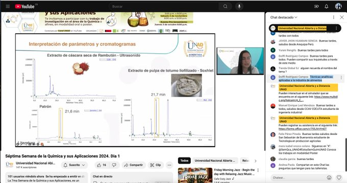 #EstoySemQuimUNAD <a href="/SemQca_UNAD/">7ma Semana de la Química 2024 - UNAD</a>  Técnicas analíticas aplicadas a la industria de alimentos, 101 usuarios conectados 🙌 <a href="/Paulis0317/">Paula Méndez</a>